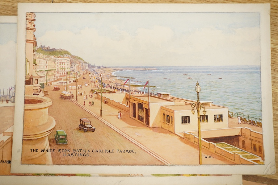 William Carruthers Affleck (1868-1943), Set of seven original watercolours for postcard designs, comprising of Hasting views, to include: ‘Sunken Gardens’, ‘Fairlight Glen’ and ‘The Pier’, 21 x 31cm